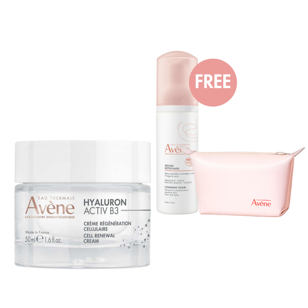 Avène Hyaluron Activ B3 Cream 50 ml Bundle + FREE Cleansing Foam & Toiletry Bag