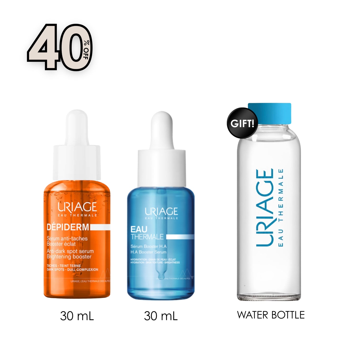 Dépiderm Anti-Dark Spot Serum Brightening Booster 30 ML + Eau Thermale H.A. Booster Serum + Free Stay Hydrated with this Chic Water Bottle