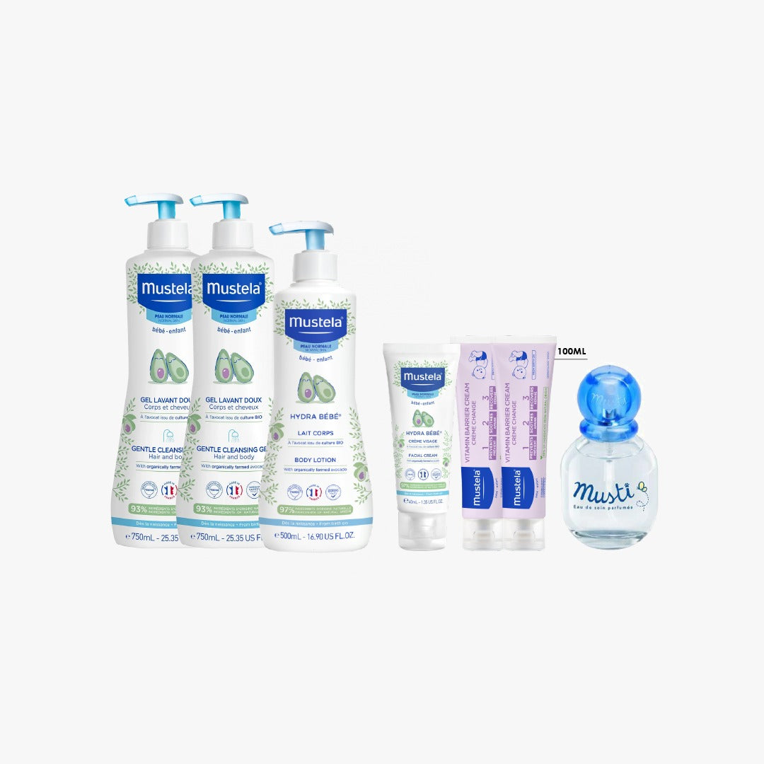 2x Gentle Cleansing Gel 750 ML + Hydra Bebe Body Lotion 500 ML + 2x Vitamin Barrier Cream 100 ML + Hydra Bebe Face Cream 40 ML + Musti Eau Soin Delicate Fragrance 50 ML + Free Gifts