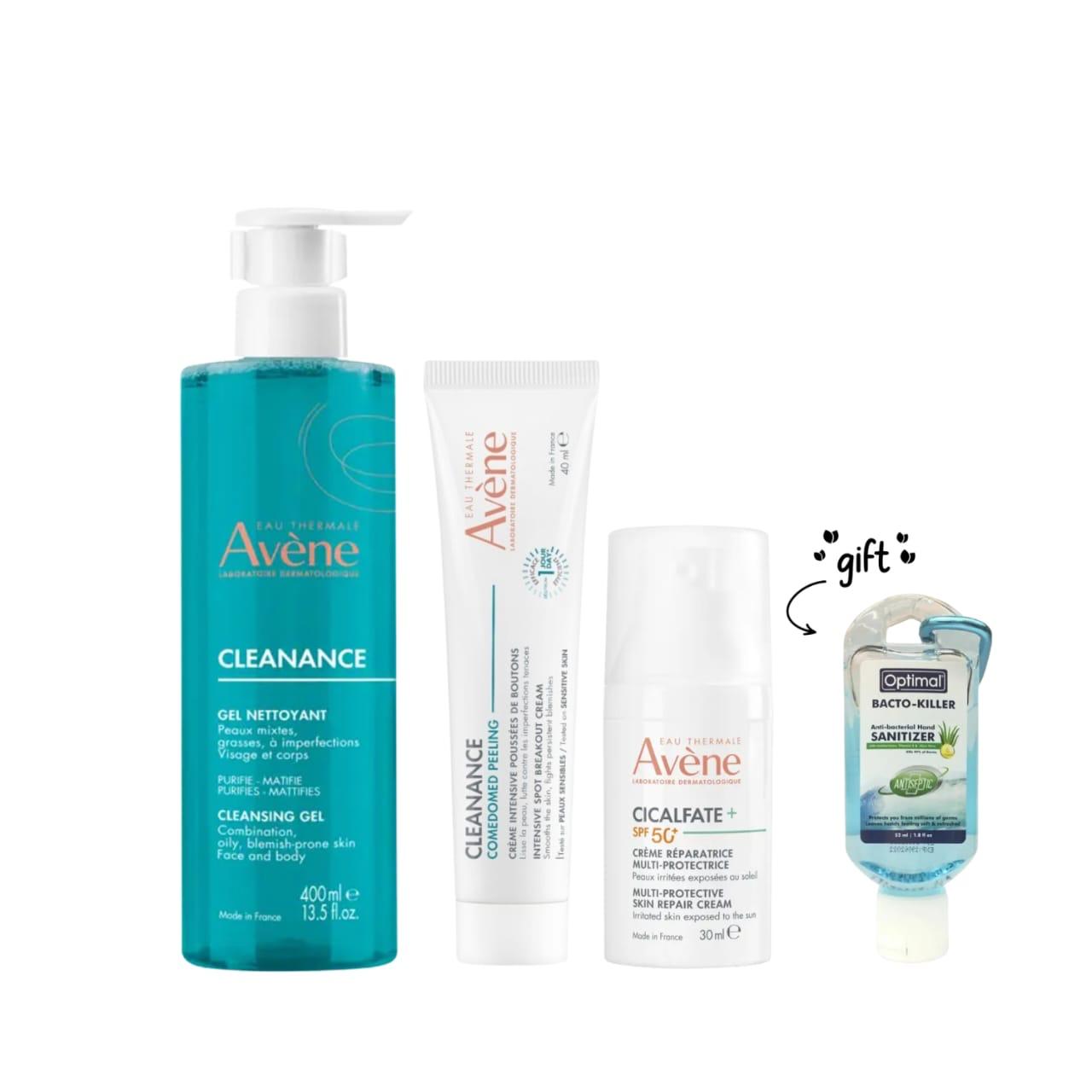 Avene Cicalfate+ SPF50 Creme Reparatrice 30 ML + Cleanance Acne Cleanser Gel For Oily Skin + Cleanance Comedomed Peeling 40 ML + Free Gift
