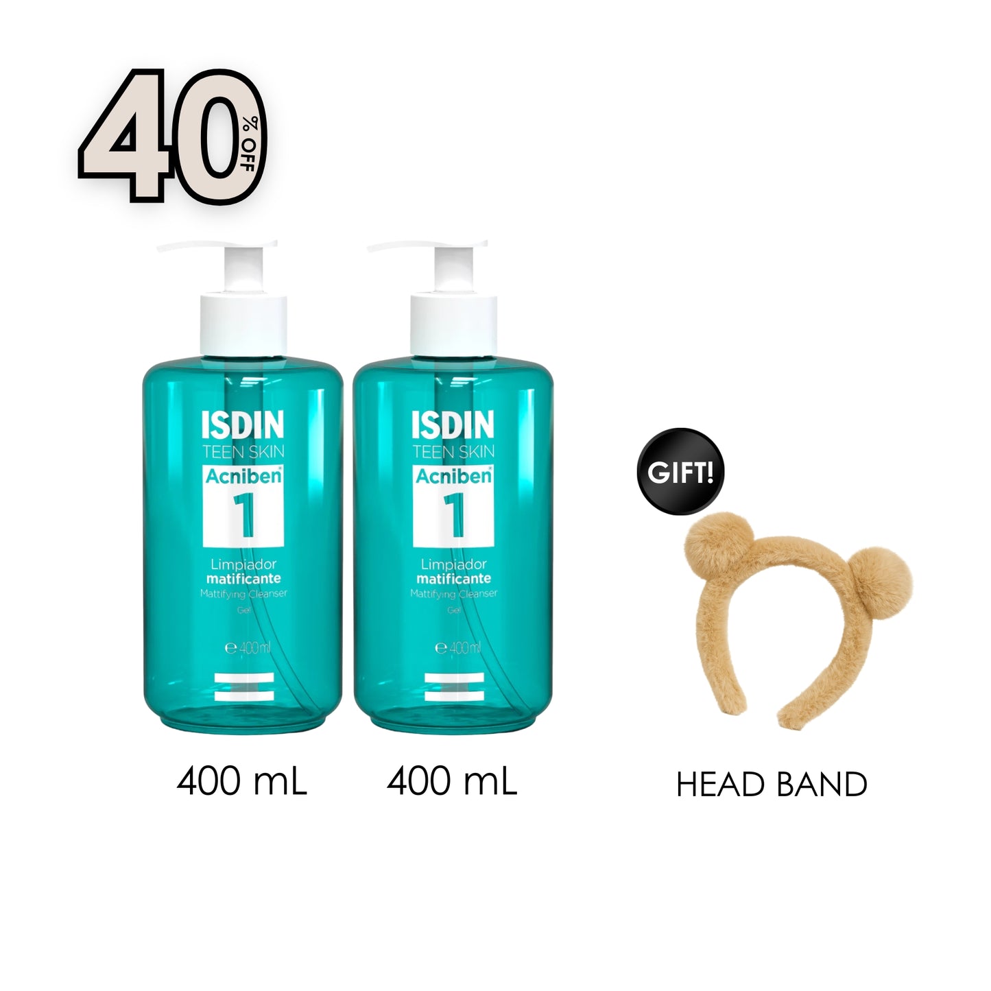 Acniben Facial Gel Cleanser 400 ML (x2) + Free Gift Cozy Bear Headband