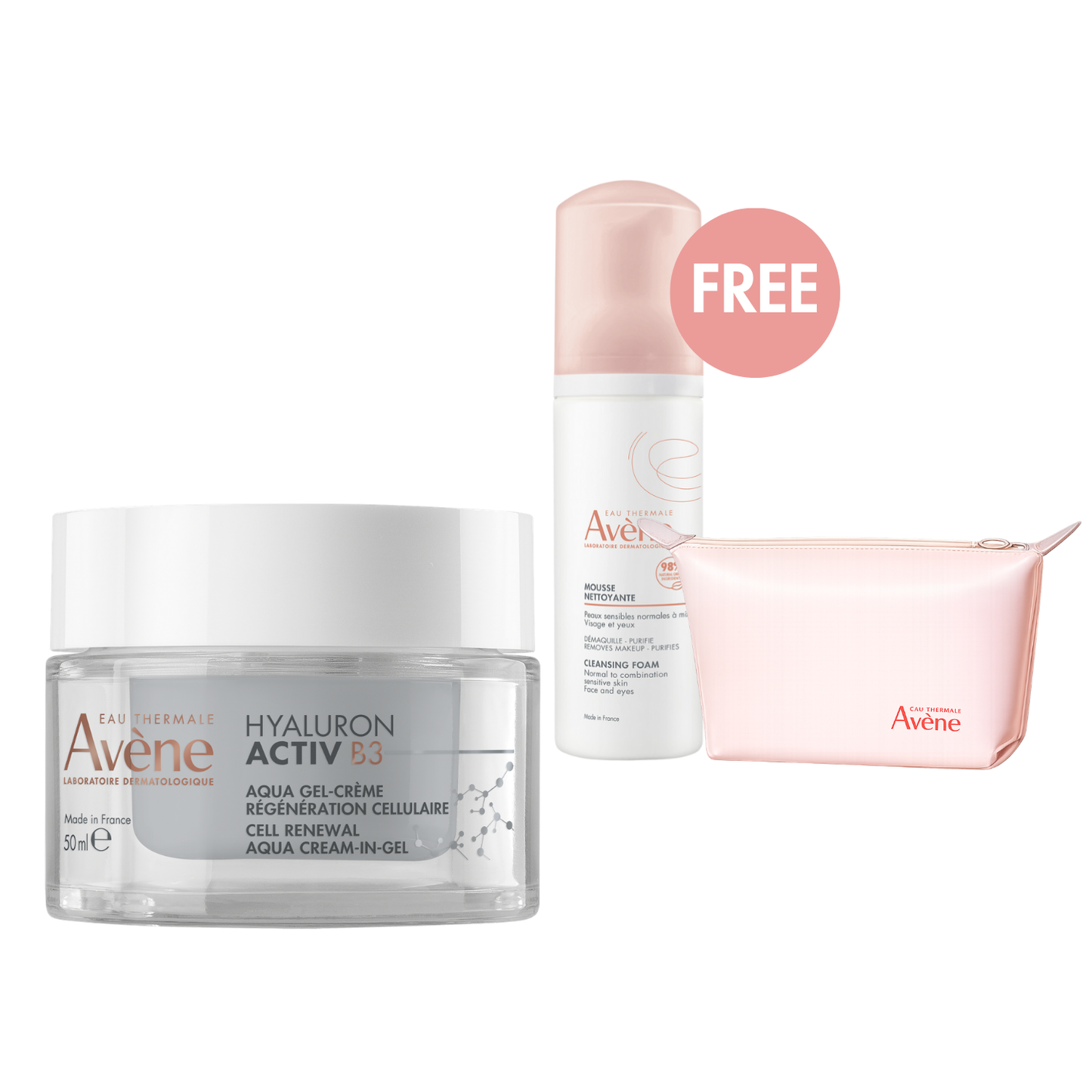 Avène Hyaluron Activ B3 Cell Renewal Aqua Cream-in-Gel 50 ml Bundle + FREE Cleansing Foam & Toiletry Bag