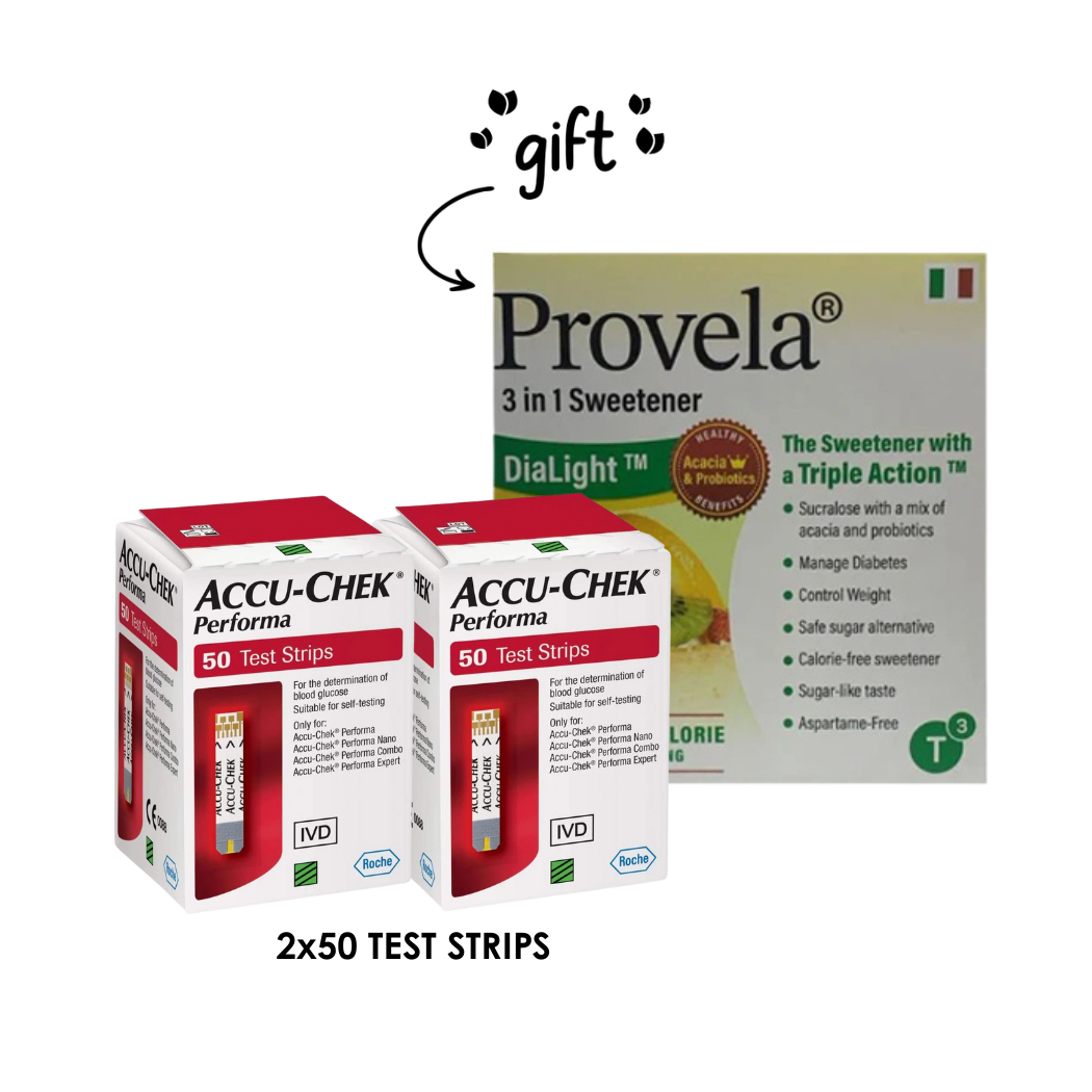 2x Accu-Chek Performa Test Strips (2x50 strips) + FREE Provela 3in1 Sweetener (50 sachets)