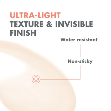 Product feature text on a white background with an ultra-light texture swatch.