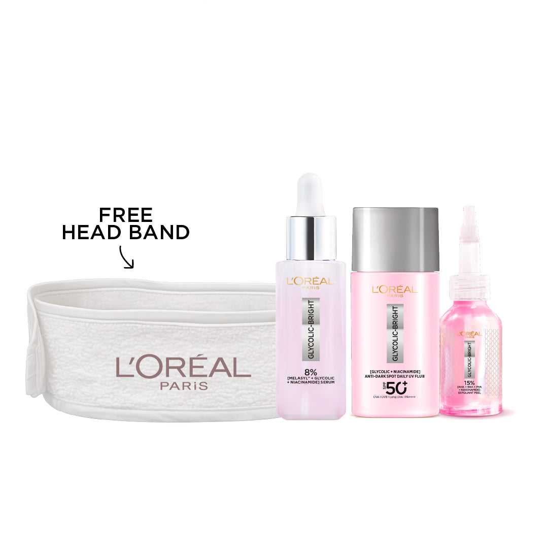 Glycolic Bright Anti-Dark Spot Exfoliant Peel 25 ML + Glycolic Bright Anti-Dark Spot Daily UV Fluid SPF 50+ + Glycolic Bright Serum BA 30 ML + Gift - Glyco White Headband