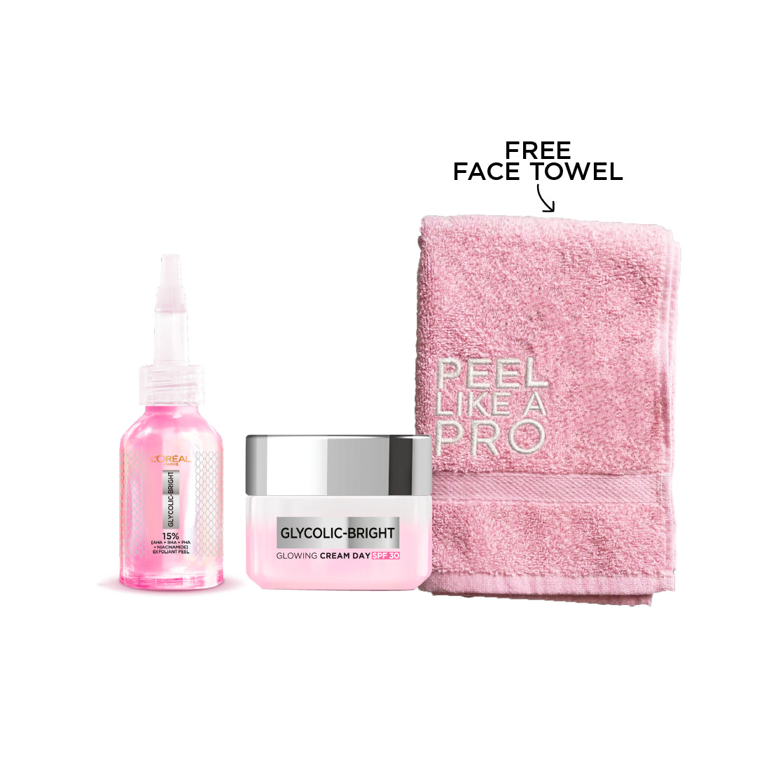 Glycolic Bright Anti-Dark Spot Exfoliant Peel 25 ML + Glycolic Bright Glowing Day Cream 50 ML SPF17 + Gift - Glyco Pink Face Towel