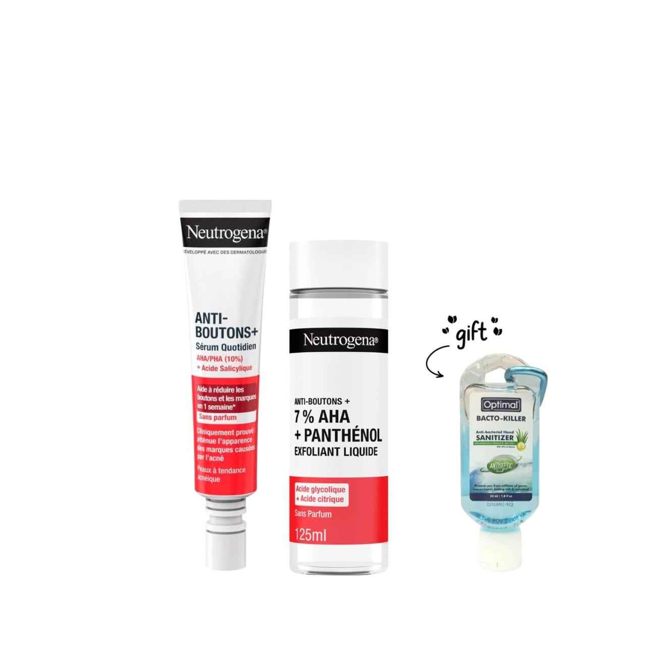 Anti-Bouton + AHA/PHA and Salicylic Acid Serum + Liquid Exfoliating Face Care – Anti-Blemish with 7% AHA and Panthenol + Free Clip & Clean Optimal Bacto-Killer Attachable Hand Sanitizer
