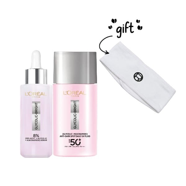 Glycolic Bright Anti-Dark Spot Daily UV Fluid SPF 50+ with [Glycolic Acid + Niacinamide] + Glycolic Bright Serum with 8% [Melasyl ™ + Glycolic Acid + Niacinamide] face serum for Dark Spots & Brightening 30 ML + Free Headband