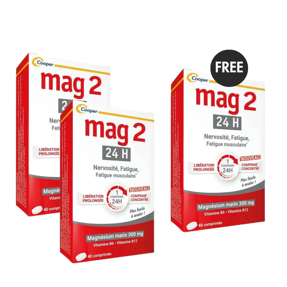 Three boxes of Cooper Mag2 24H marine magnesium 300mg with vitamins B6 and B12, 40 tablets each, with a FREE badge on the third box.