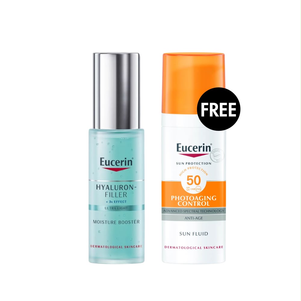
Eucerin Hyaluron-Filler Moisture Booster beside Photoaging Control Sun Fluid SPF 50, with a FREE badge indicating the sunscreen is included as a gift.
