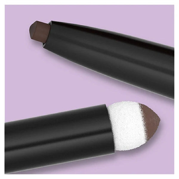 Makeup stick with brown applicator tip and white powder on a purple background