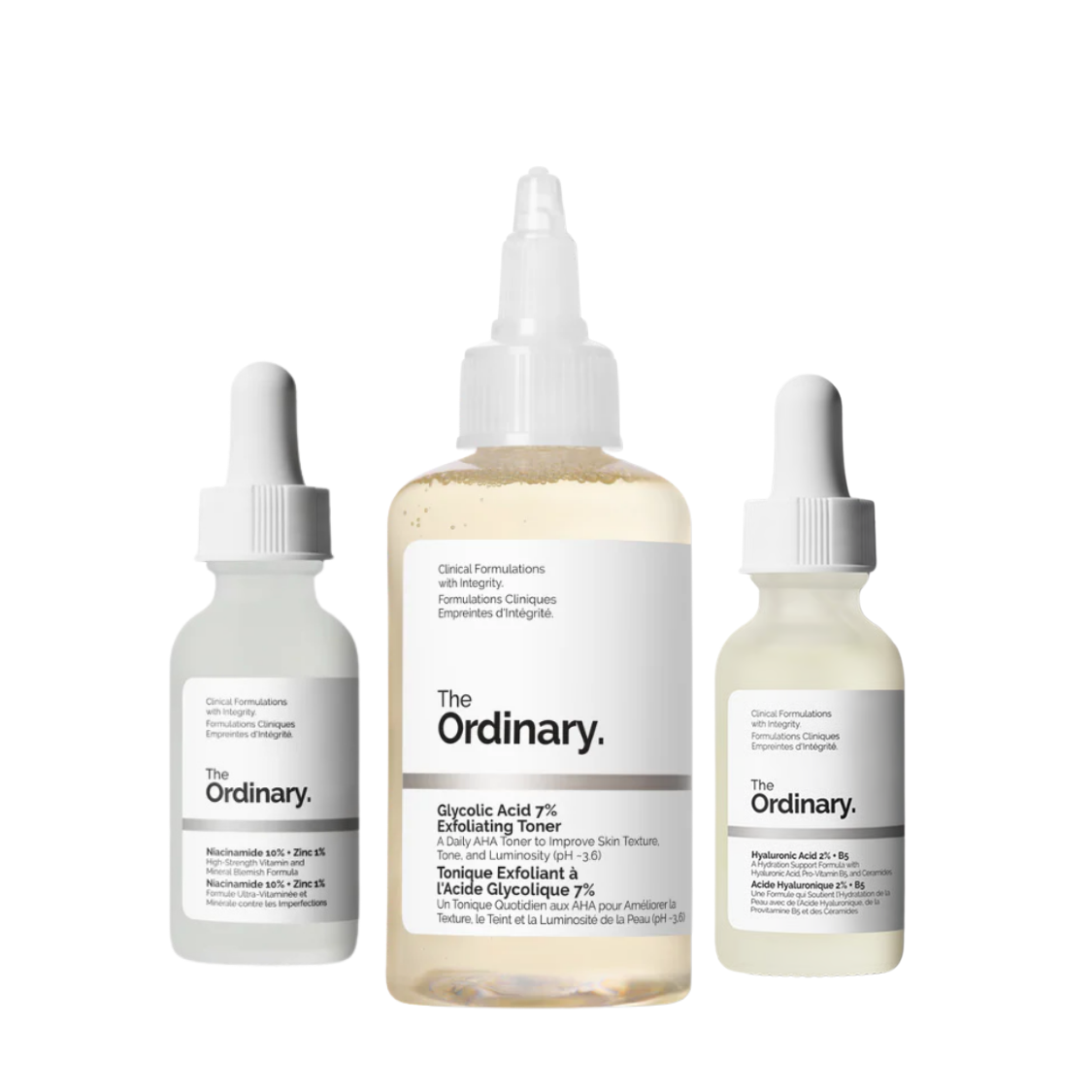 Glycolic acid 7% toner (100ml) + Hyaluronic acid 2%+ b5 (30ml) + Niacinamide 10% +Zinc 1% (30ml)