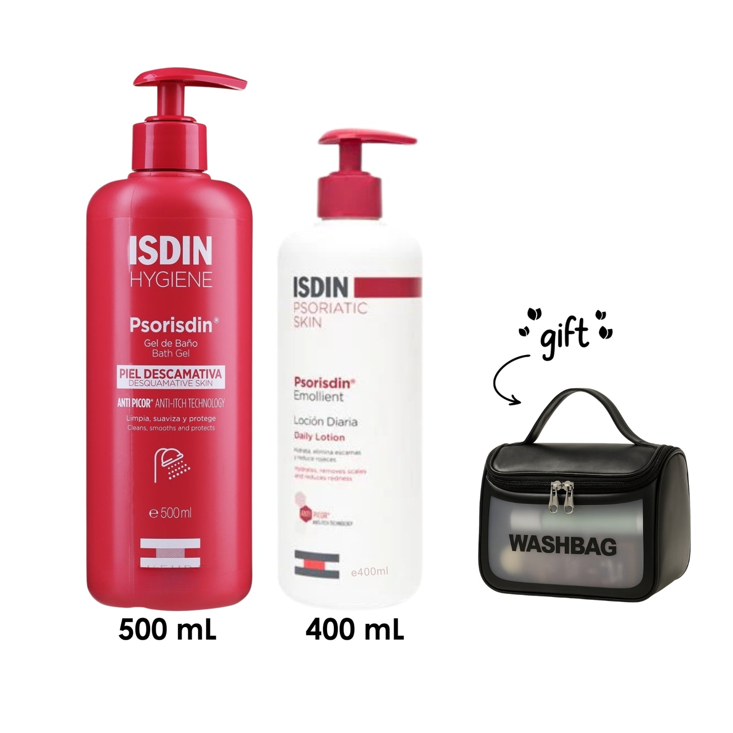 Psorisdin Hygiene Bath Gel 500 ML + Psorisdin Emollient Daily Lotion + Free Wash Bag