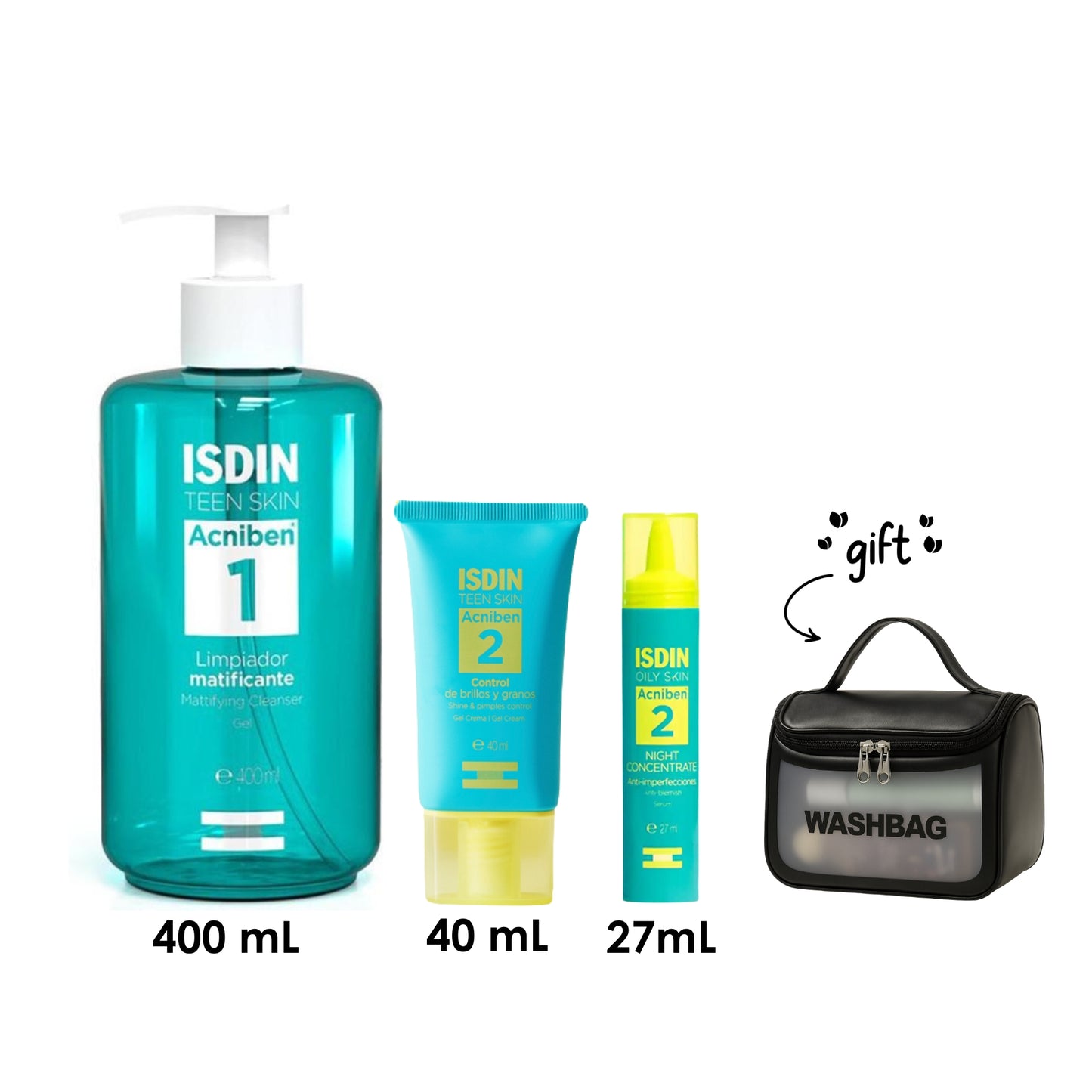 Acniben Facial Gel Cleanser 400 ML + Acniben Anti-Blemish Night Concentrate 27 ML + Acniben Shine & Pimples Control 40mL + Free Wash Bag
