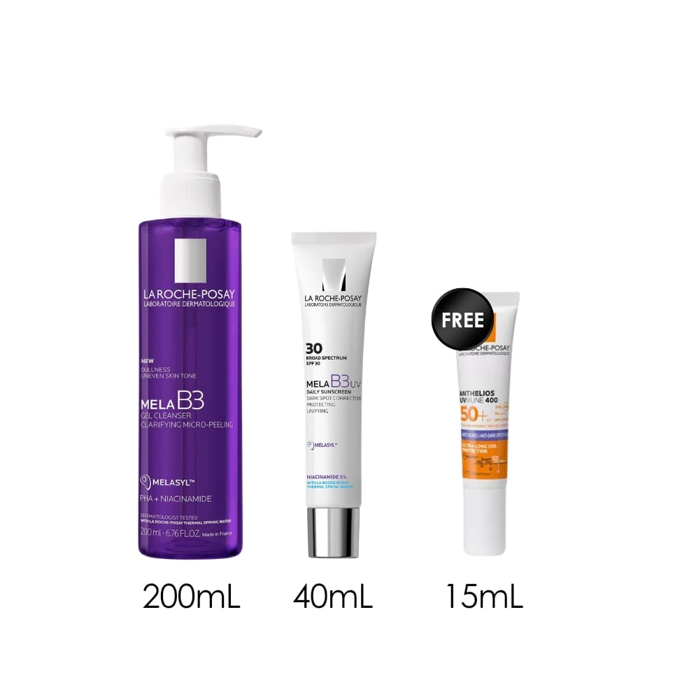 Mela B3 Facial Gel Cleanser With Melasyl™ + Niacinamide 200 ML + Mela B3 UV Daily Moisturizer SPF 30 With Melasyl™ + Niacinamide 40 ML + Free UVMune Anti-Dark Spot 15mL