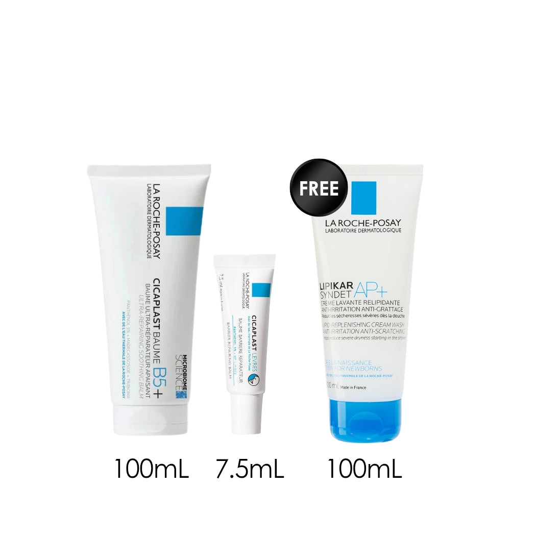 Cicaplast Baume B5+ Repairing Balm 100 ML + Cicaplast Levres Moisturiser for Dry Lips + Free  Lipikar Syndet AP+ 100 ML