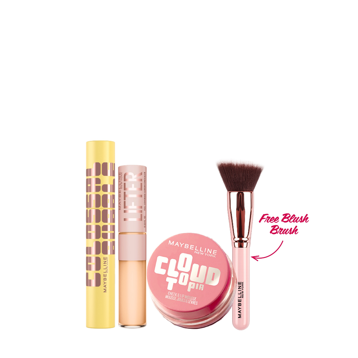 Maybelline NY Lifter Concealer + Maybelline NY Cloudtopia Lip & Cheek + Mascara Colossal Bubble Black 10 ML + Free Gift - Maybelline Concealer Brush