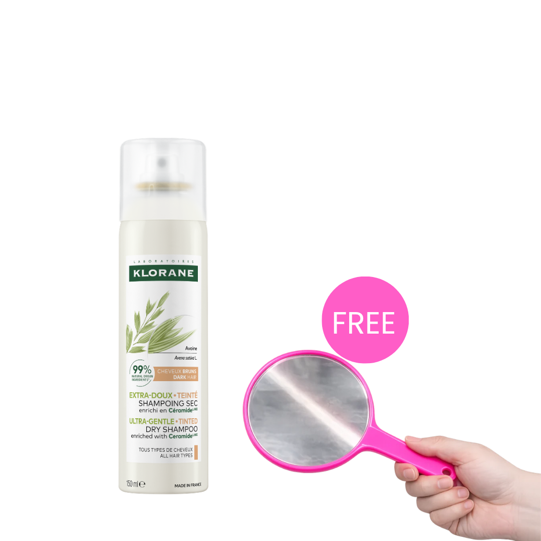 Buy Klorane Dry Shampoo With Oat Milk Dark Hair 150 ML & Get Free Gift - Pink Handheld Mirror