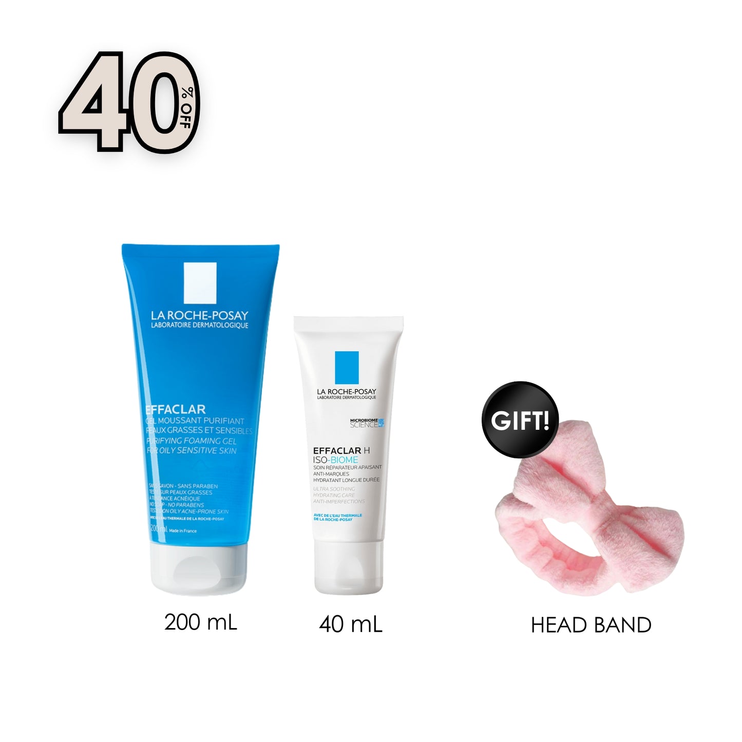 Effaclar Purifying Foaming Gel for Oily Sensitive Skin 200 ml + Effaclar H Isobiome Moisturiser + Free Pink Headband