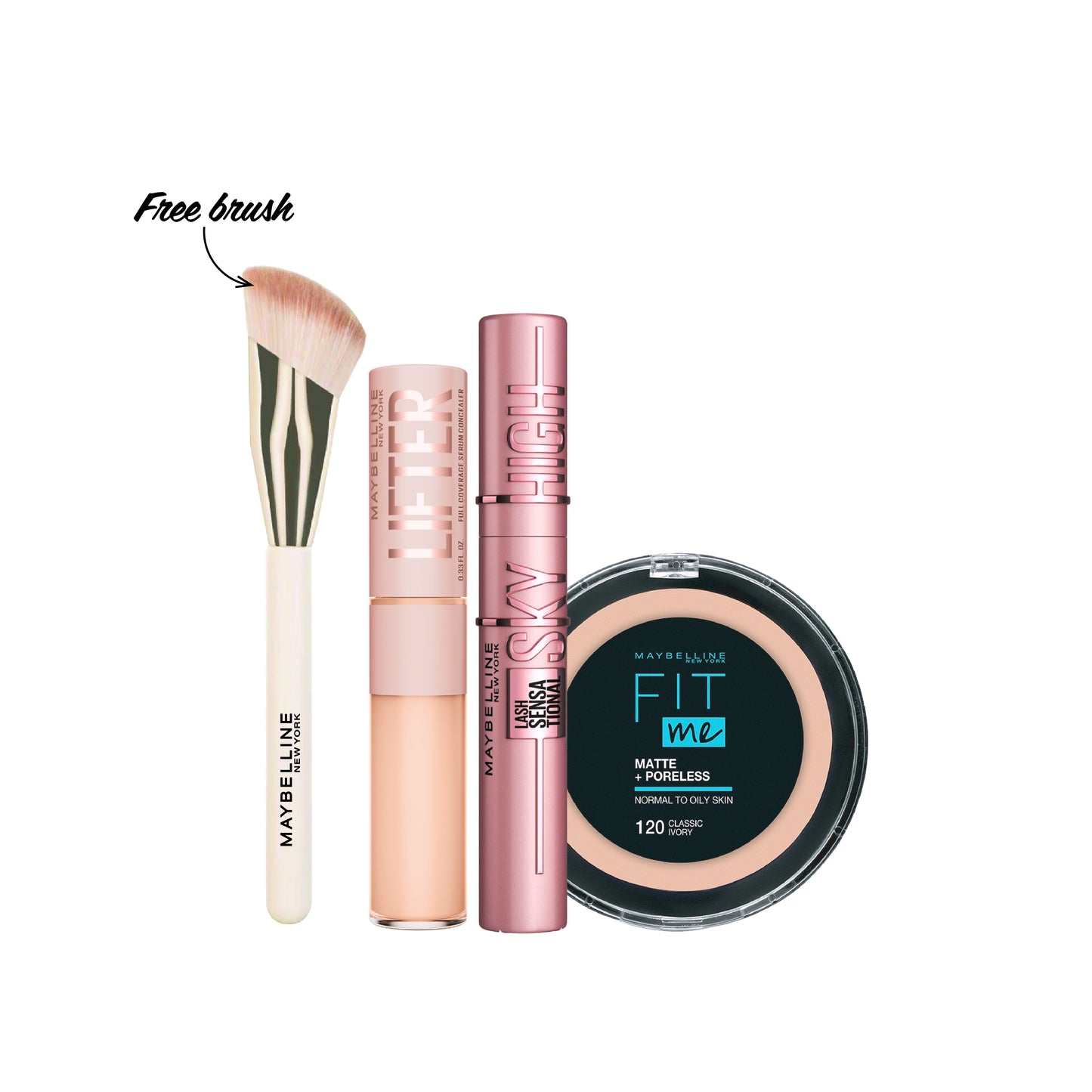 Buy Fit Me Matte & Poreless Powder + Lash Sensational Sky High + Maybelline NY Lifter Concealer and Get Gift - Maybelline Concealer Brush