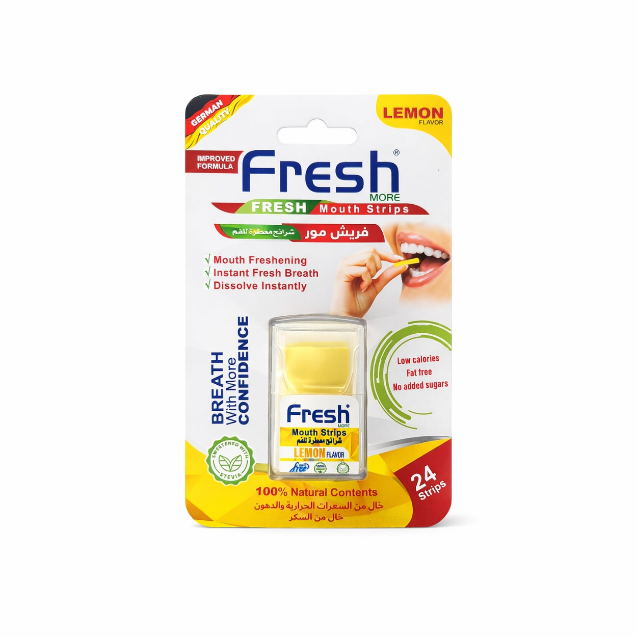 Packaging of Fresh Mouth Strips with lemon flavor on a white background