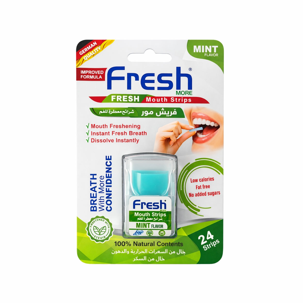 Packaging of Fresh mouth strips with mint flavor on a white background