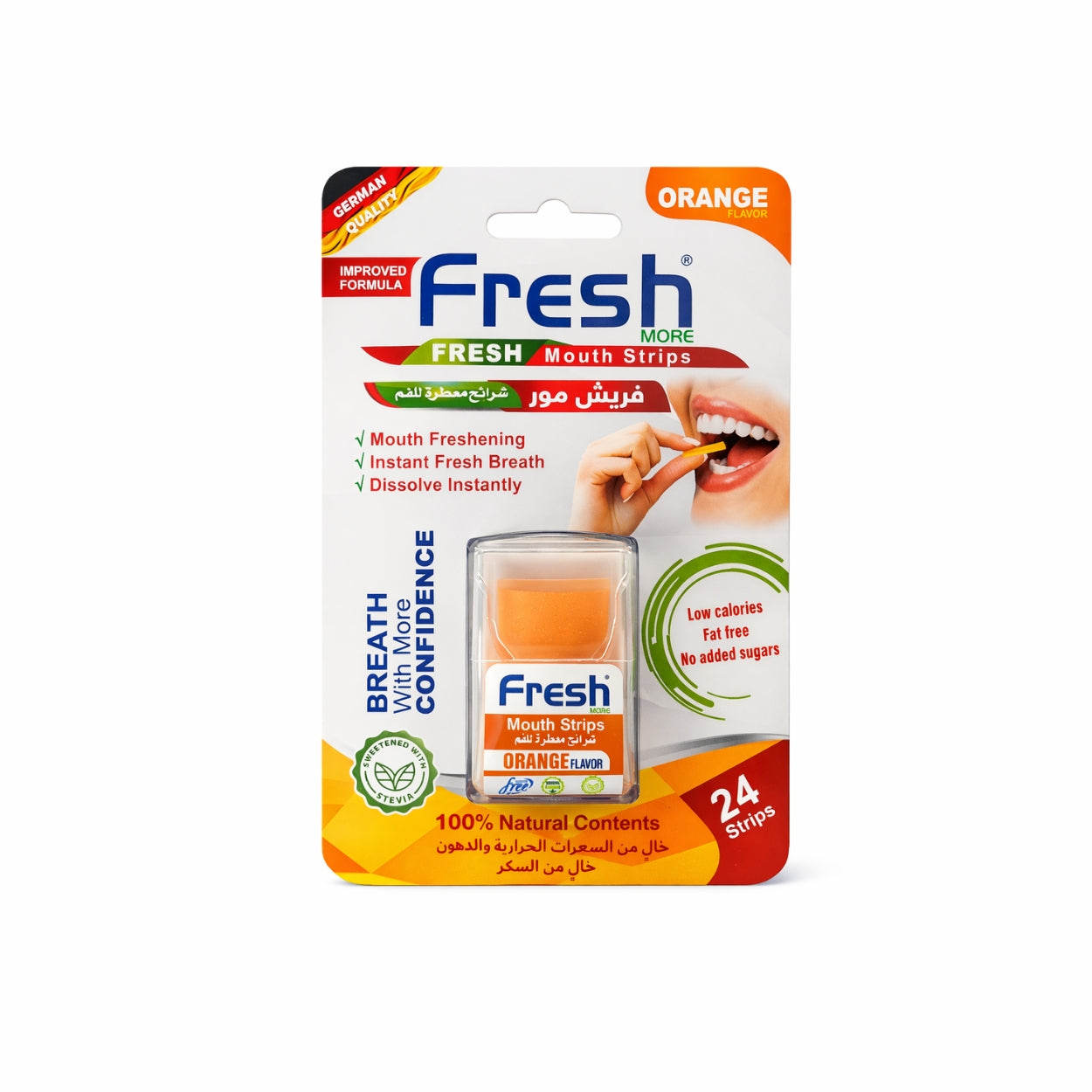 Packaging of Fresh mouth strips with orange flavor on a white background