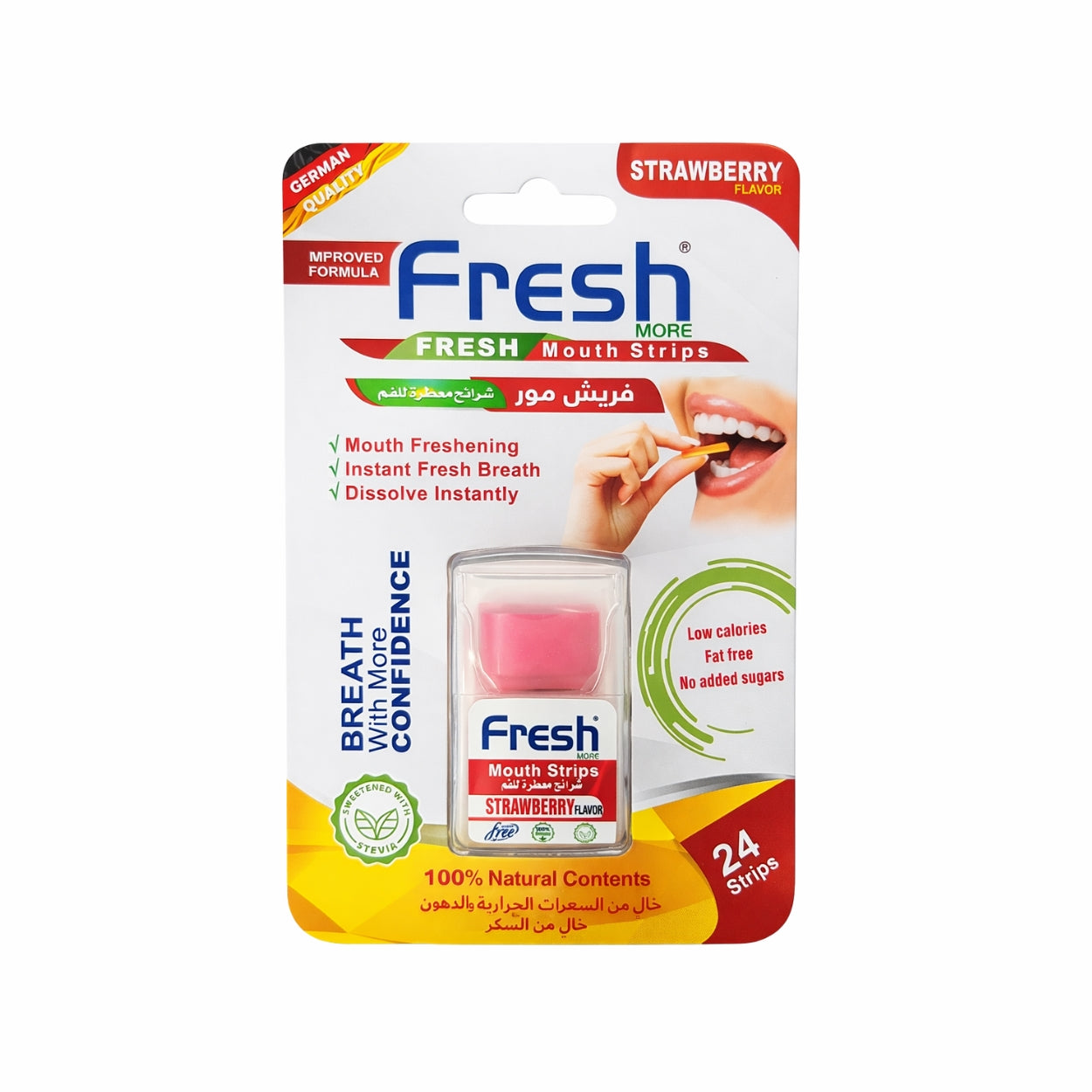 Packaging of Fresh mouth strips with strawberry flavor on a white background