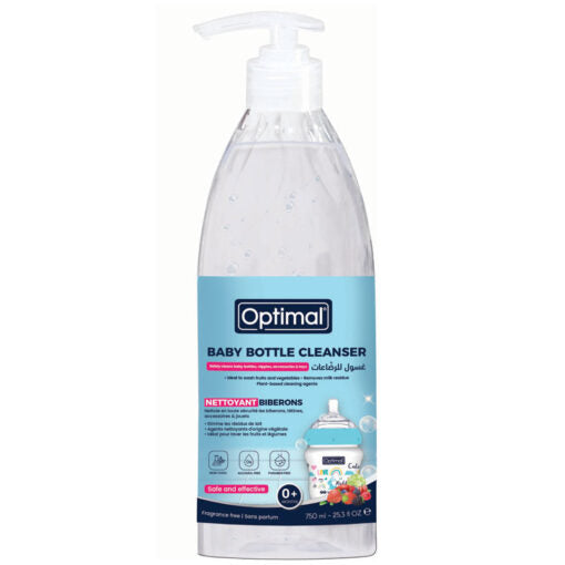 A bottle of Optimal Baby Bottle Cleanser with a white pump dispenser and a light blue label, shown against a plain white background.