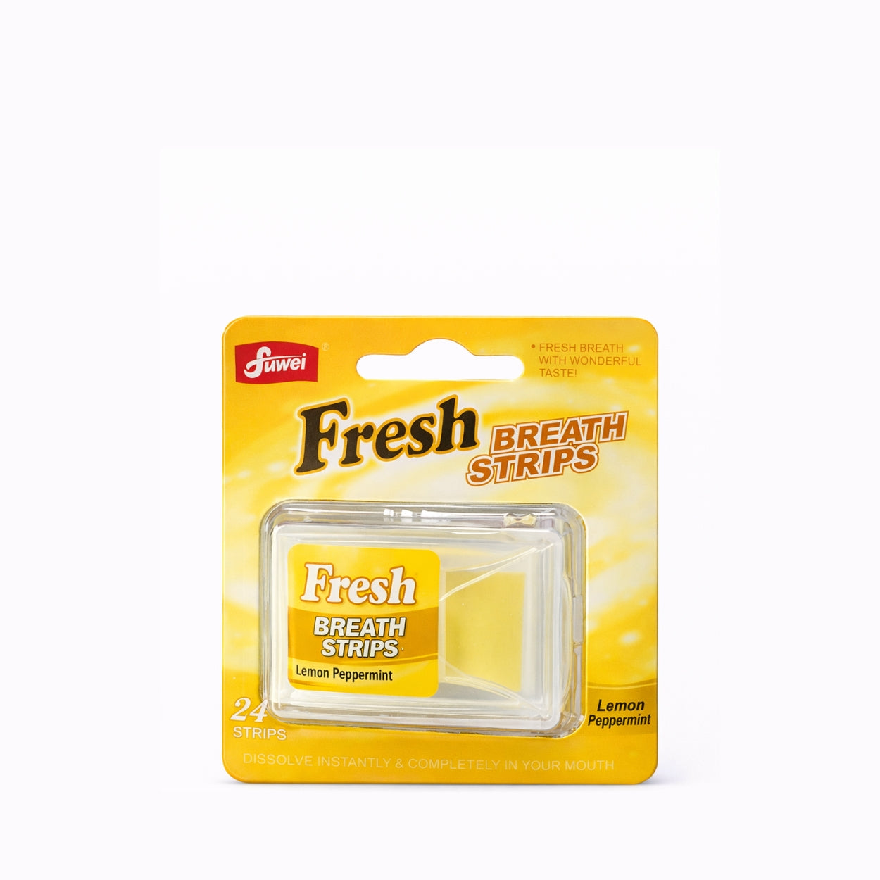 Pack of fresh breath strips with yellow packaging lemon flavor on a white background
