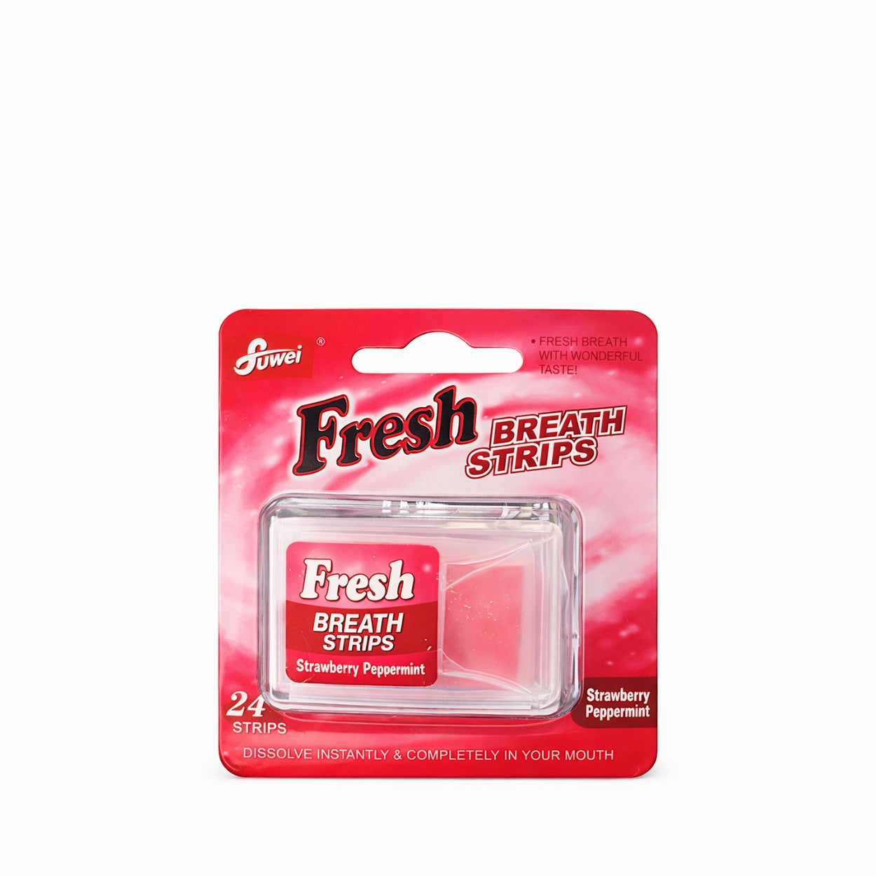 Pack of fresh breath strawberry flavor strips with red and white packaging on a white background