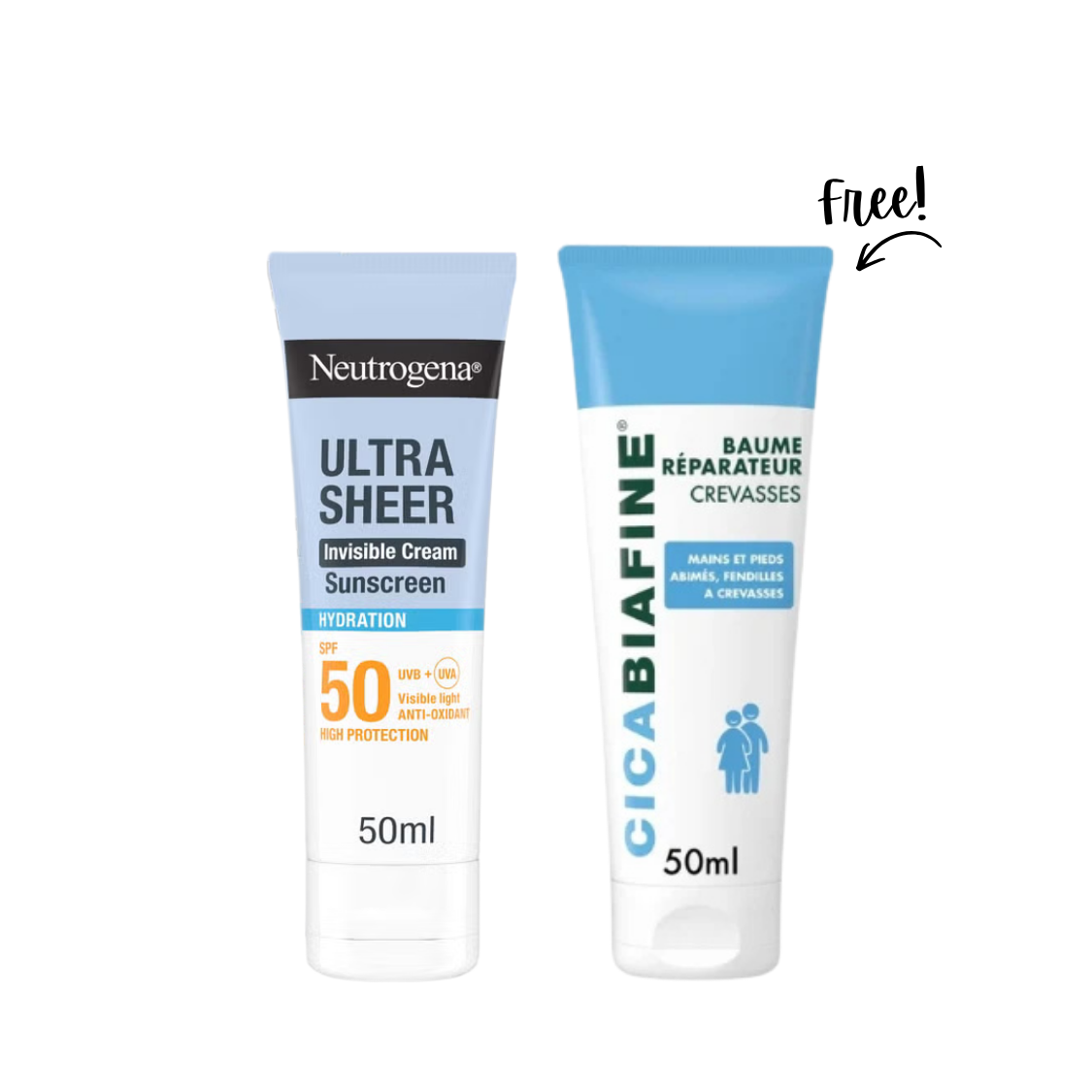 Ultra Sheer Invisible Cream Sunscreen SPF50 Get Free Cicabiafine Baume Reparateur Crevasses Mains Et Pieds