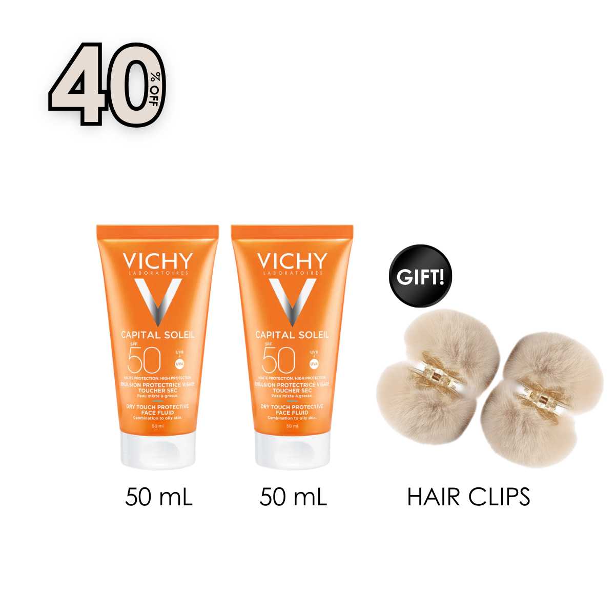 Capital Soleil Mattifying Face Fluid Dry Touch SPF50 x2 + Free Gift Hair Clips