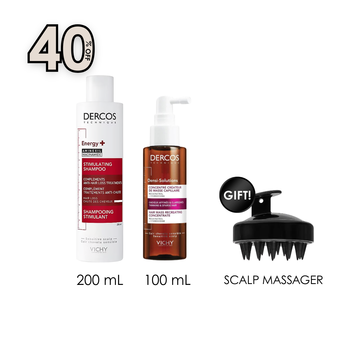 Dercos Energising Shampoo - Complement to Hair-Loss Treatments + Dercos Densi-Solutions Hair Mass Recreating Concentrate 100 ML + Free Gift Hand-Held Scalp Massager