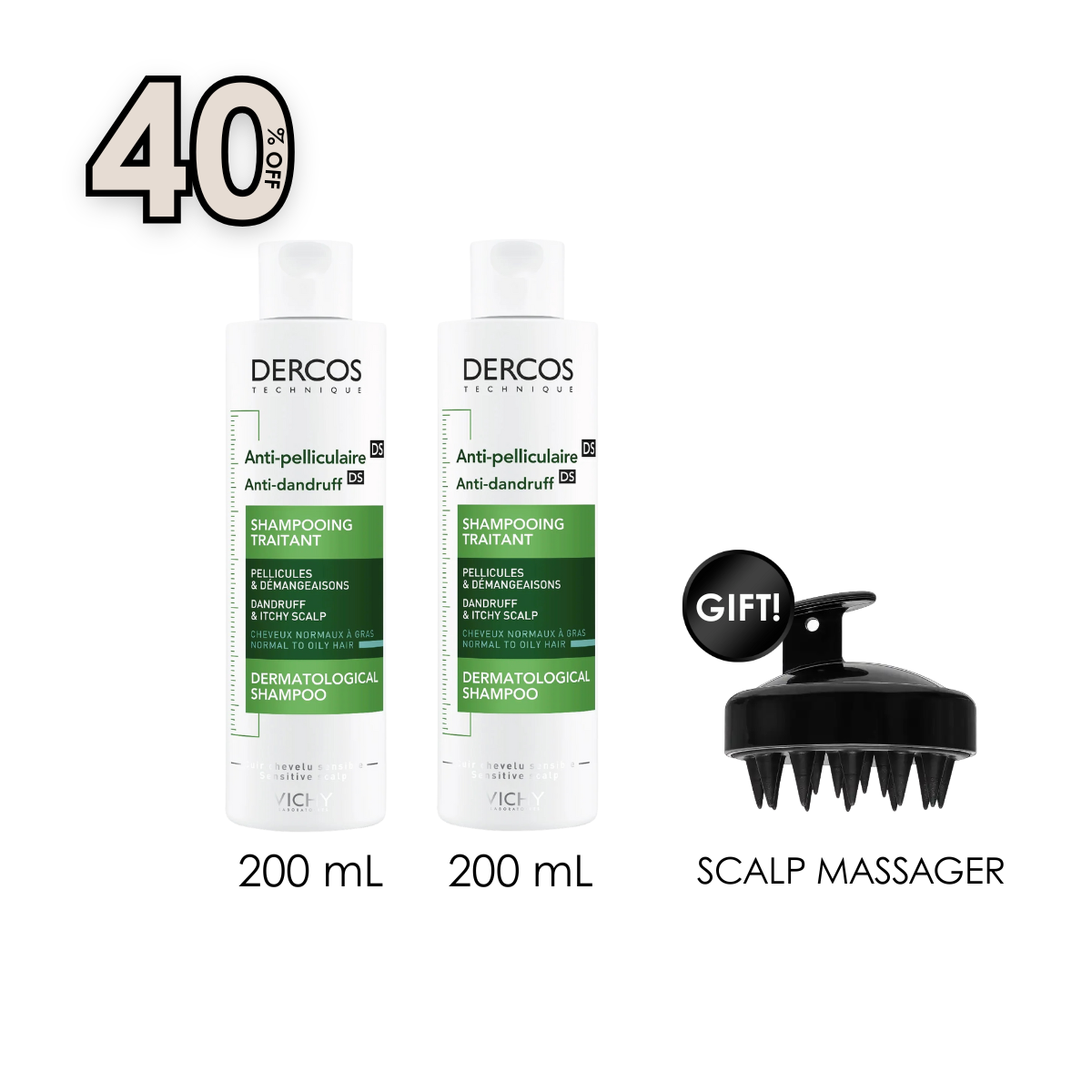 Dercos Anti-Dandruff Treatment Shampoo - Normal to Oily Hair + Free Gift Hand-Held Scalp Massager