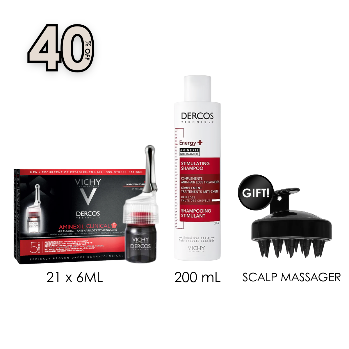 Dercos Aminexil for Men 21 x 6ML + Dercos Energising Shampoo - Complement to Hair-Loss Treatments + Free Gift Hand-Held Scalp Massager