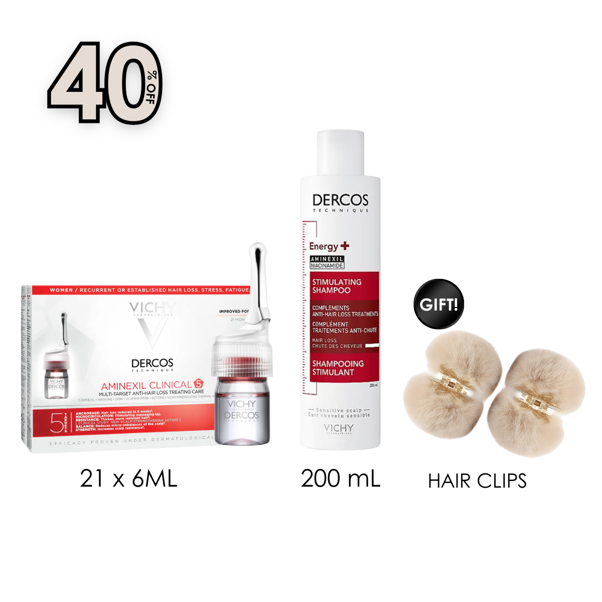 Dercos Aminexil for Women 21 x 6ML + Dercos Energising Shampoo - Complement to Hair-Loss Treatments + Free Gift Hair Clips