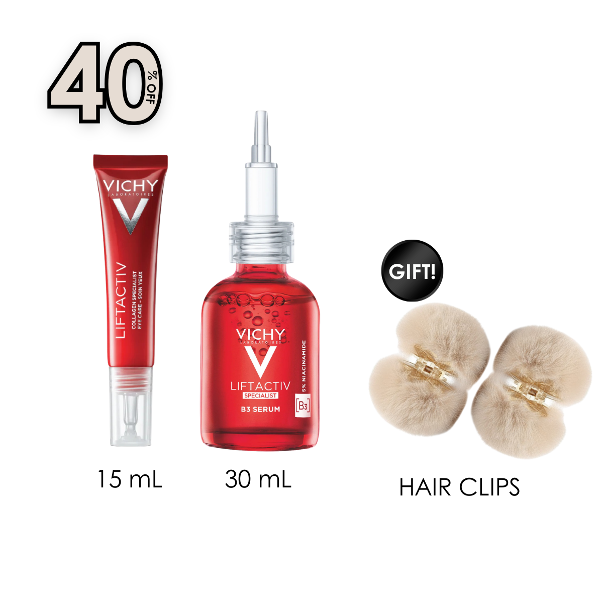 Liftactiv Collagen Specialist Eye Care Cream Anti-Ageing 15 ML + Liftactiv Specialist B3 Anti-Aging Serum for Dark Spots & Wrinkles 30 ML + Free Gift Hair Clips