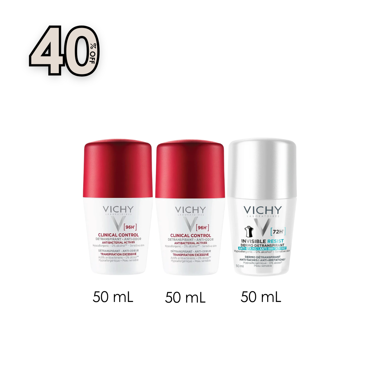 Vichy 96 Hour Clinical Control Deodorant for Women 50 ML x2 + Invisible Resist Anti-Stain Anti-Perspirant 72HR 50 ML