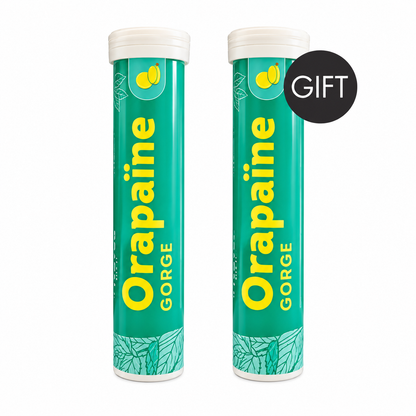 Two green tubes of Vitarmonyl Orapaïne Gorge throat lozenges on a white background, with a GIFT badge on the second tube.