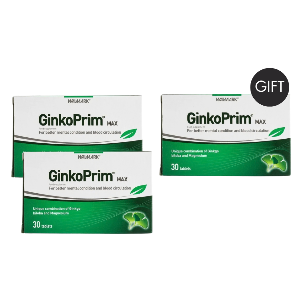 Three green and white Walmark GinkoPrim MAX boxes, containing 30 tablets each, with a GIFT badge on the third box.