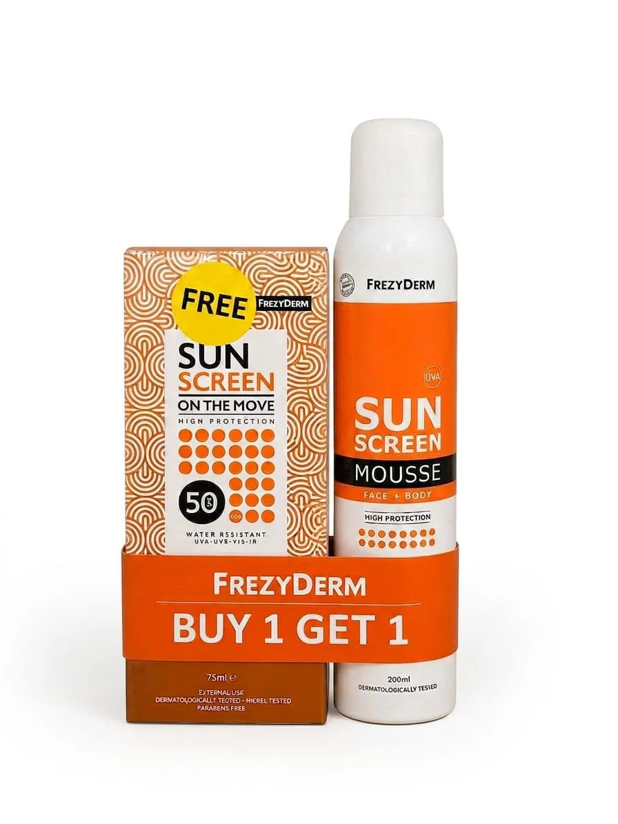 Frezyderm Sunscreen Mousse Face & Body 200 ML + Frezyderm Sunscreen on The Move SPF 50 75 ML Free
