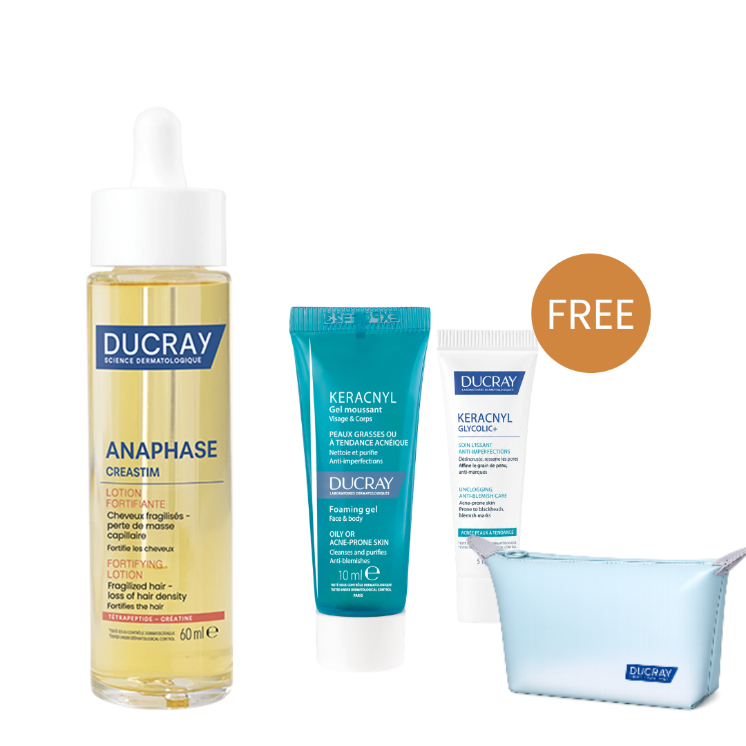 Ducray Creastim Reactiv Hair Lotion Bundle | FREE Keracnyl Gel, Keracnyl Glycolic+ & Pouch
