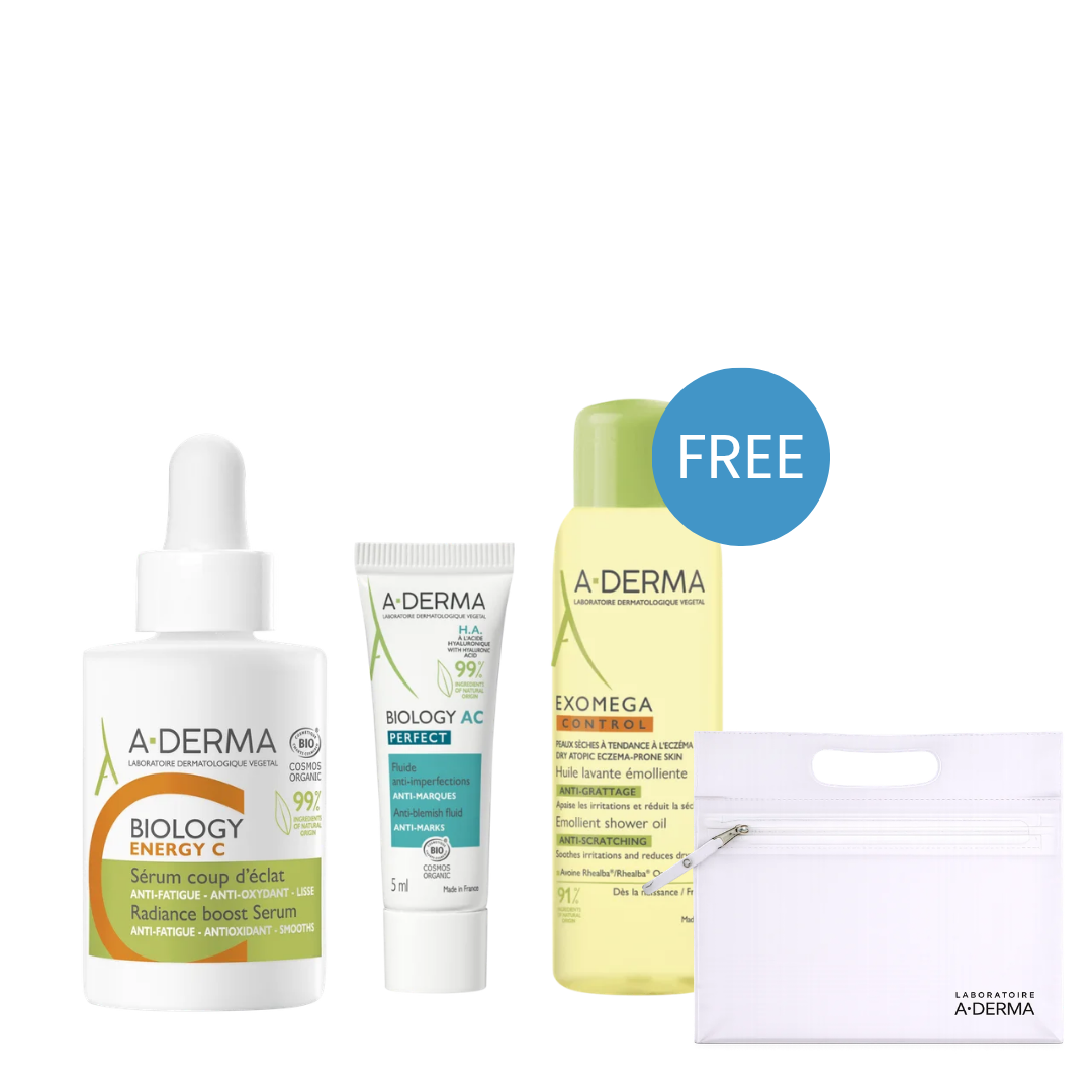 Buy Biology Energy C Serum Coup D'Eclat 30 ML & Get Free Gift - A-Derma Exomega Control Shower Oil 25mL + Gift - A-Derma Biology AC Anti-Marks Fluid 5mL + Gift - A-Derma Pouch