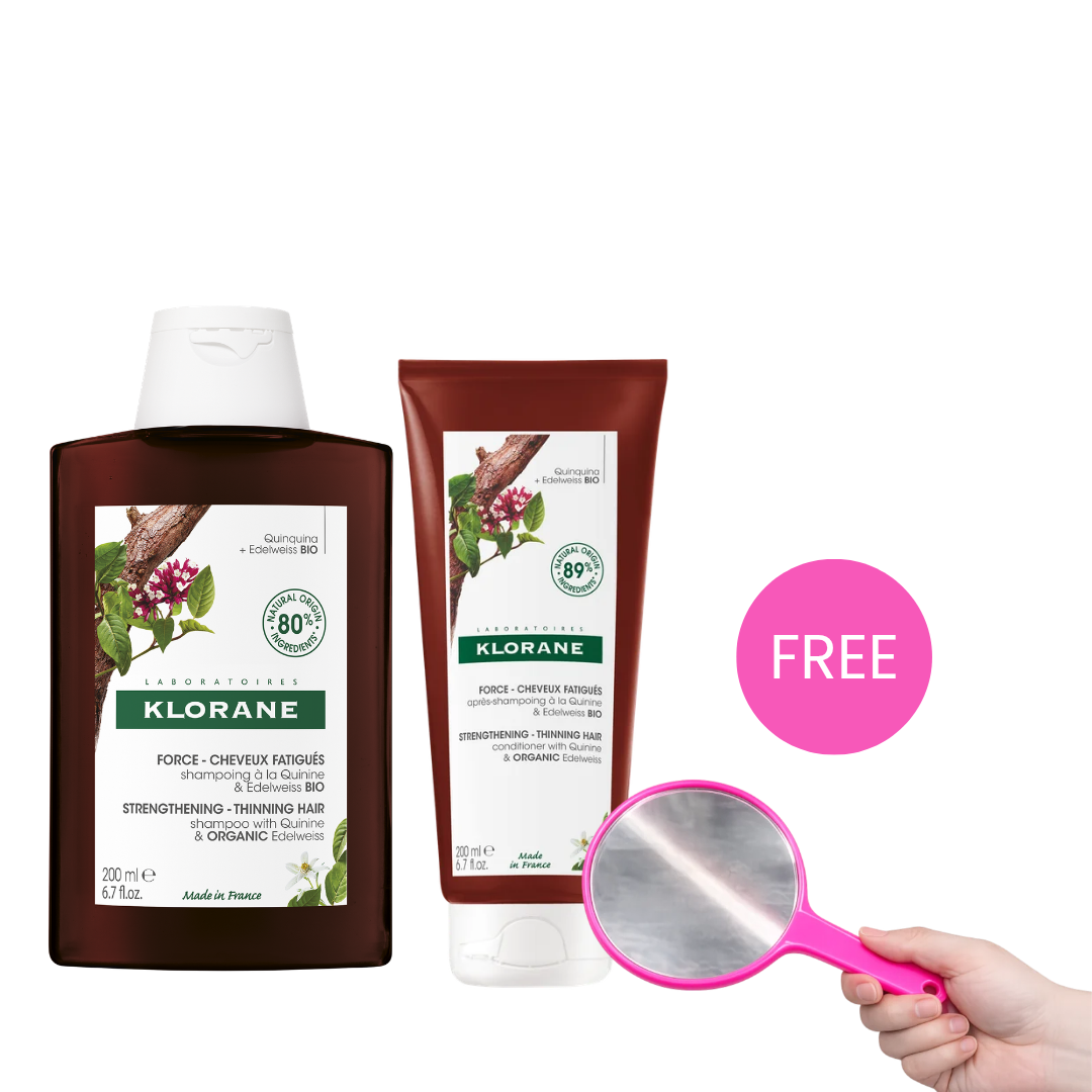 Buy Shampoo With Quinine And B vitamins 200 ML + Anti Hair Loss Strengthening and Stimulating Conditioner 200 ML & Get Free Gift - Pink Handheld Mirror