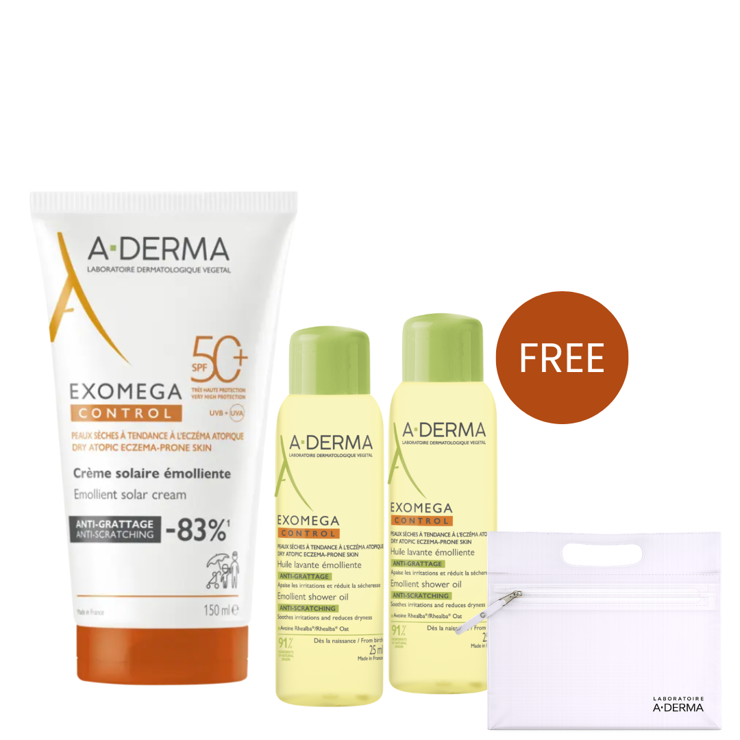 A-Derma Exomega Control SPF50+ Sun Cream 150ml + 2 FREE Exomega Shower Oils 25mL & Pouch
