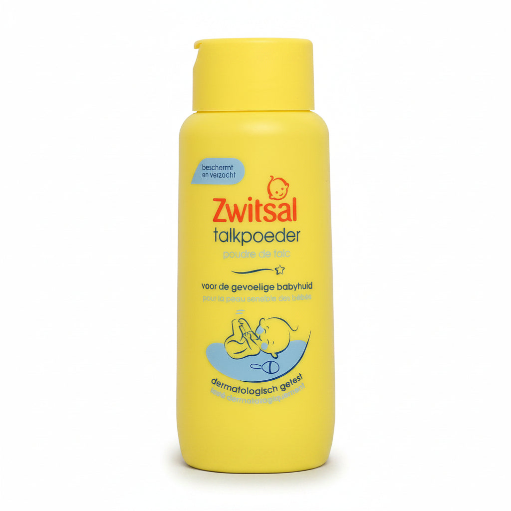 A yellow bottle of Zwitsal Talkpoeder baby powder with a matching yellow cap, featuring red and blue text and graphics on a white background.