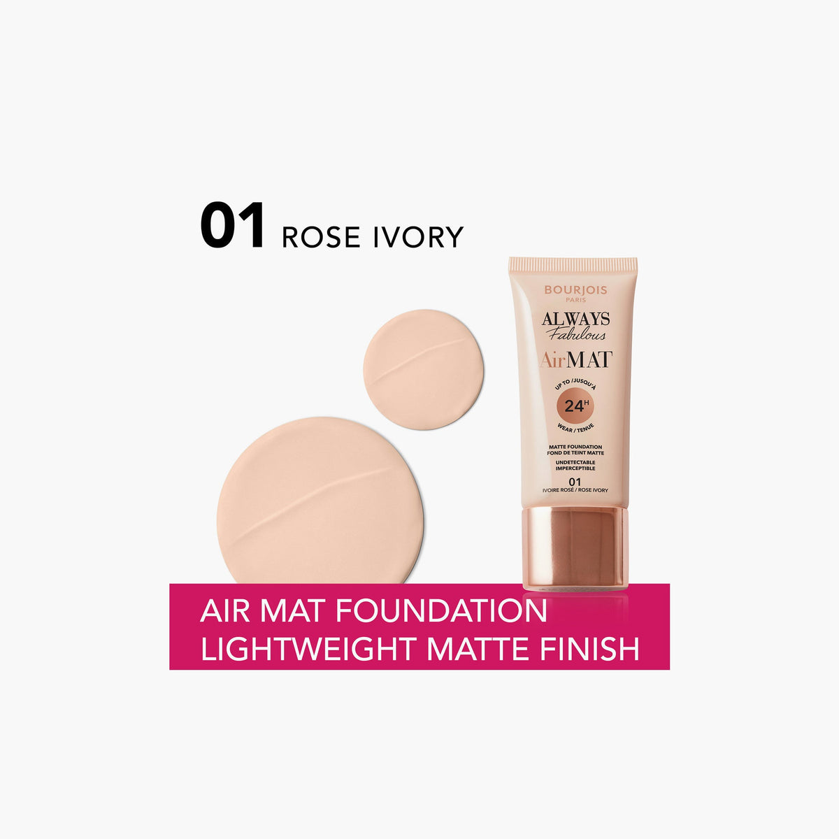 Bourjois Always Fabulous Air Mat 01 Rose Ivory product and texture swatches