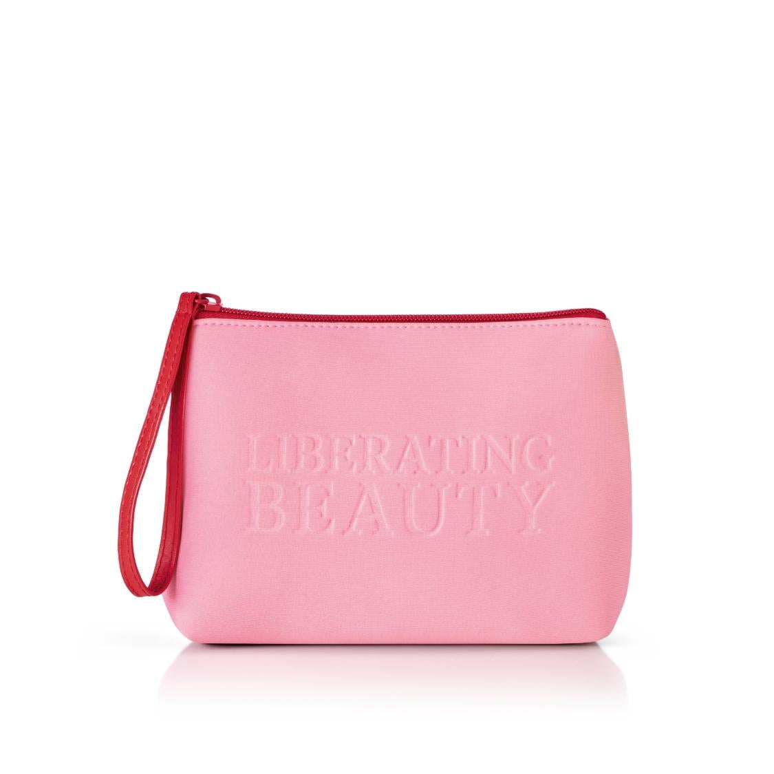 Pink pouch with 'Liberating Beauty' text on a white background