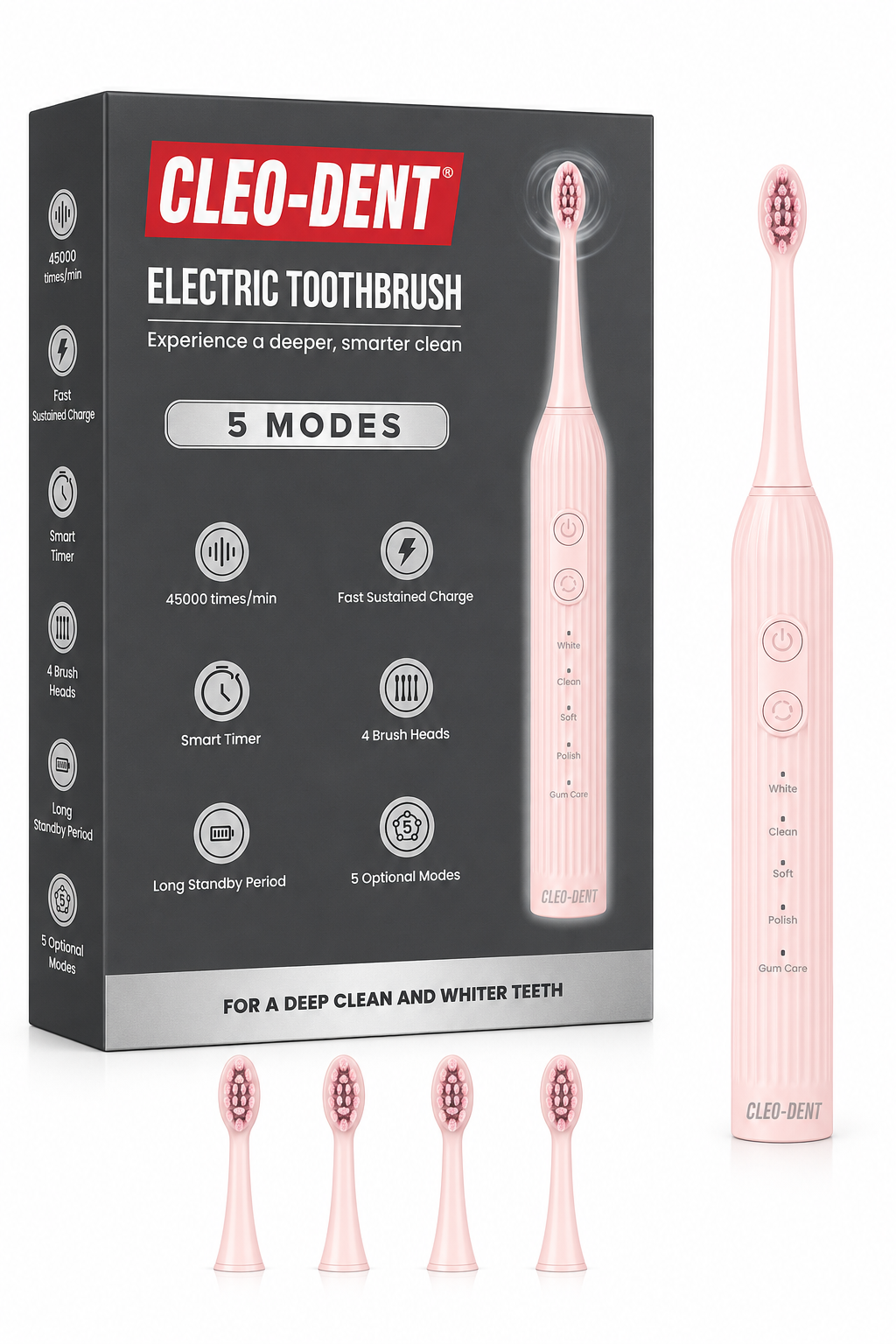 Cleo-Dent Electric Toothbrush – 5 Modes 45,000 Vibrations/Min